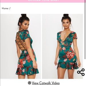 prettylittlething Green Tie Back Frill Hem Dress